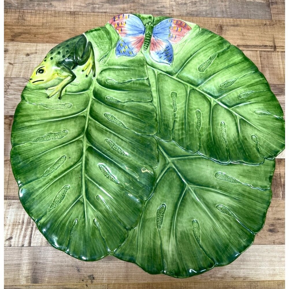 Handcrafted Ceramic Leaf Cake Plate With Frog & Butterfly Accent Made In Italy